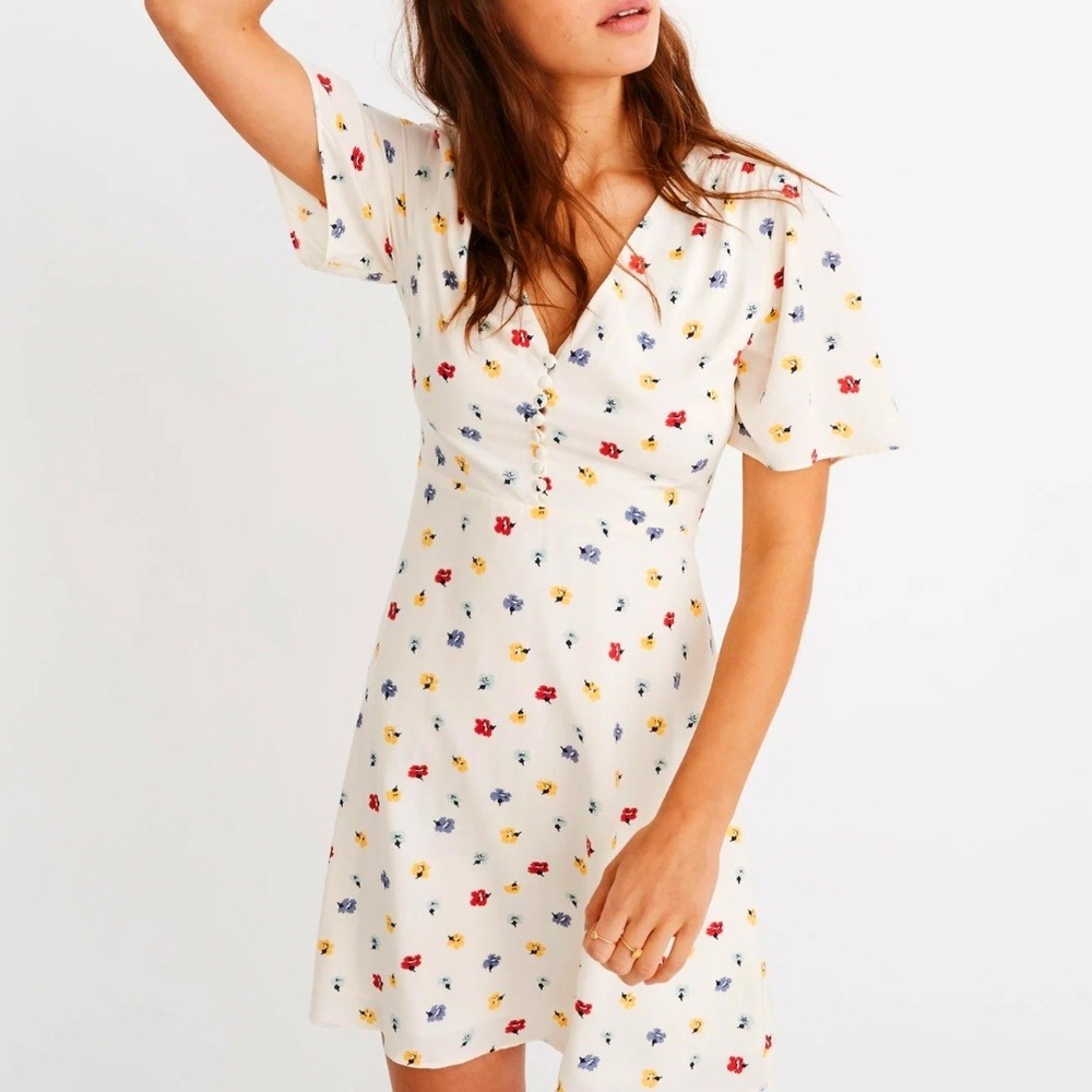 Madewell Orchard Flutter Sleeve Dress Sz 4 Ivory Floral V-Neck Button